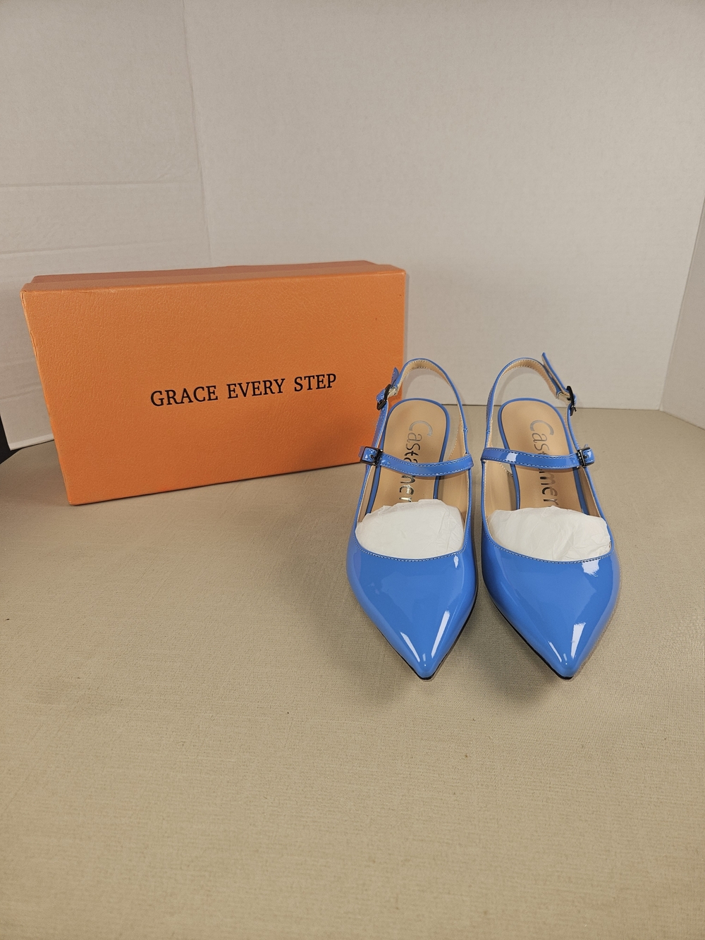 Castamere Blue Patent Pointed Slingback Heels